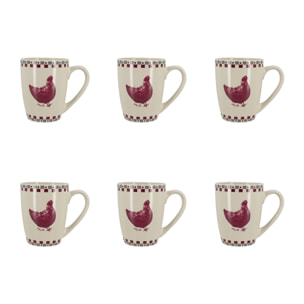 Lot de 6 mugs 38cl en grès avec imprimé poule GALLINA