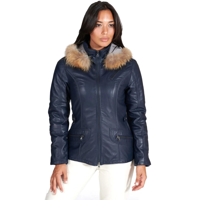 Parka in pelle blu con cappuccio in pelliccia nappa effetto liscio