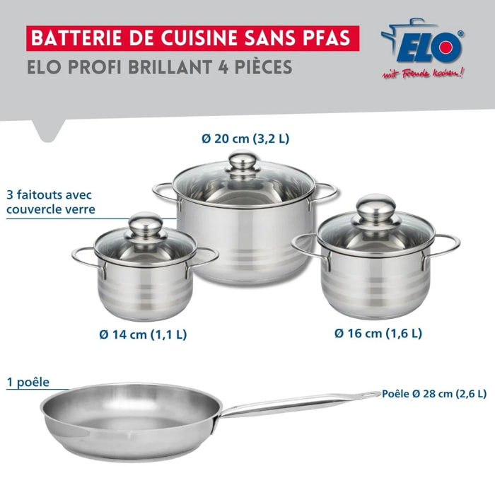 Ensemble de 1 Poêle de cuisson 28 cm et 3 faitouts 14, 16 et 20 cm Elo Profi Brillant