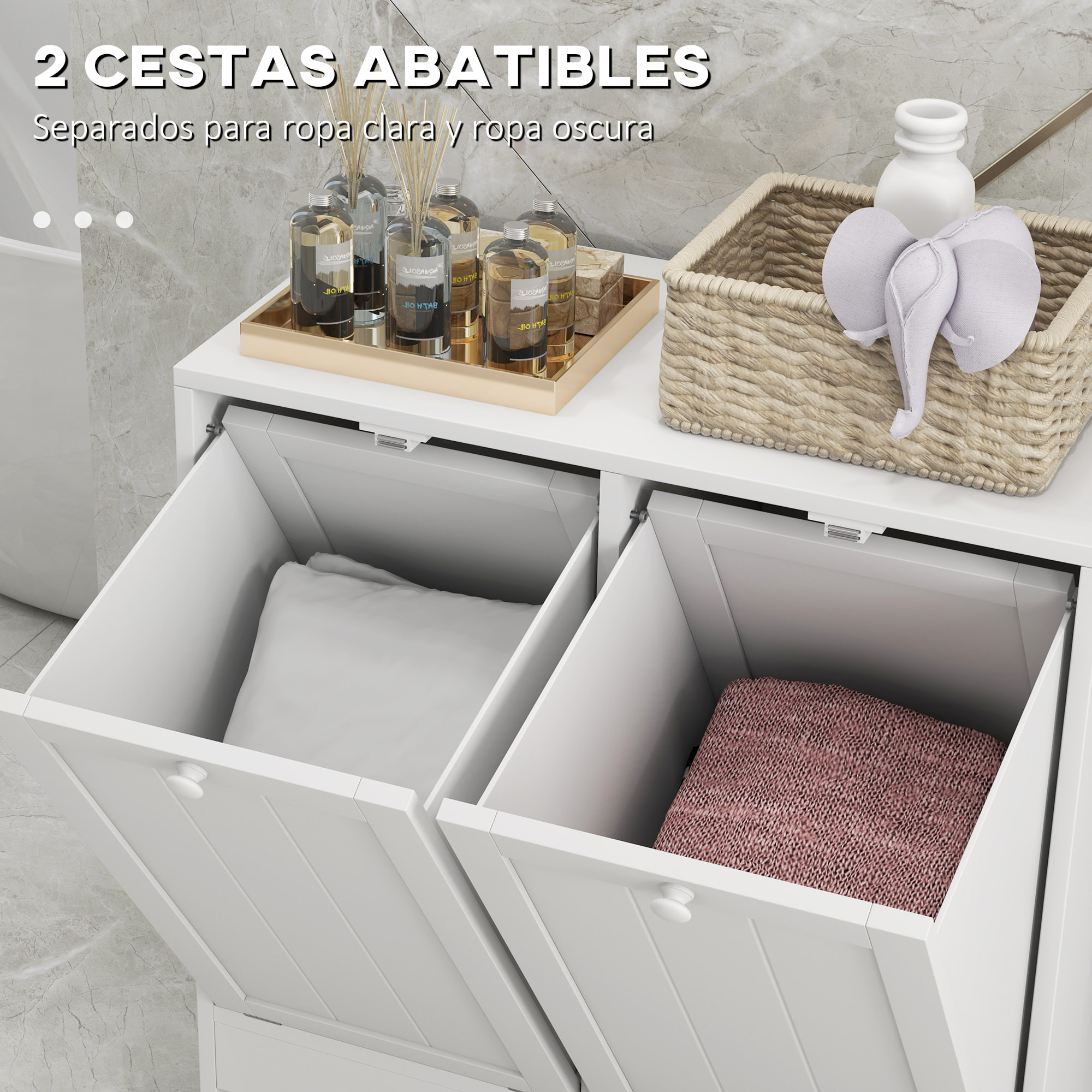 Armario de Baño con Cestos Ropa Sucia, Mueble Ropa Sucia con 2 Compartimentos, Ideal para Lavandería, Blanco, 66x33x68 cm