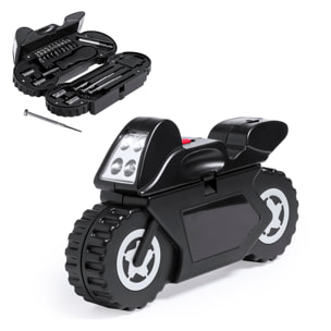 Set di attrezzi Mostik con 21 accessori in custodia con design motociclistico e torcia a LED integrata da 4 LEDs, batterie incluse.
