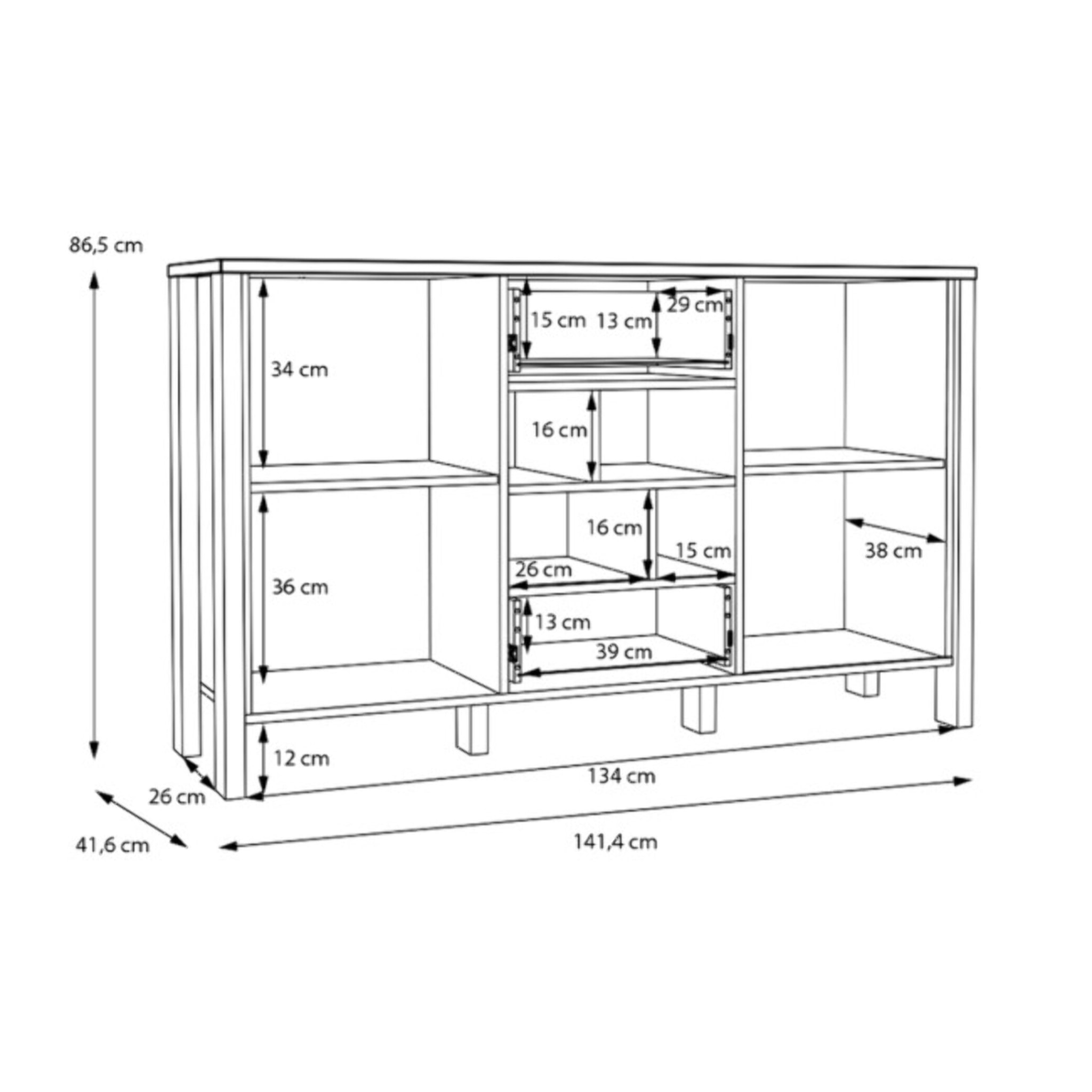 Buffet L141 cm 2 tiroirs 2 portes 4 niches décor gris clair - BOLERO