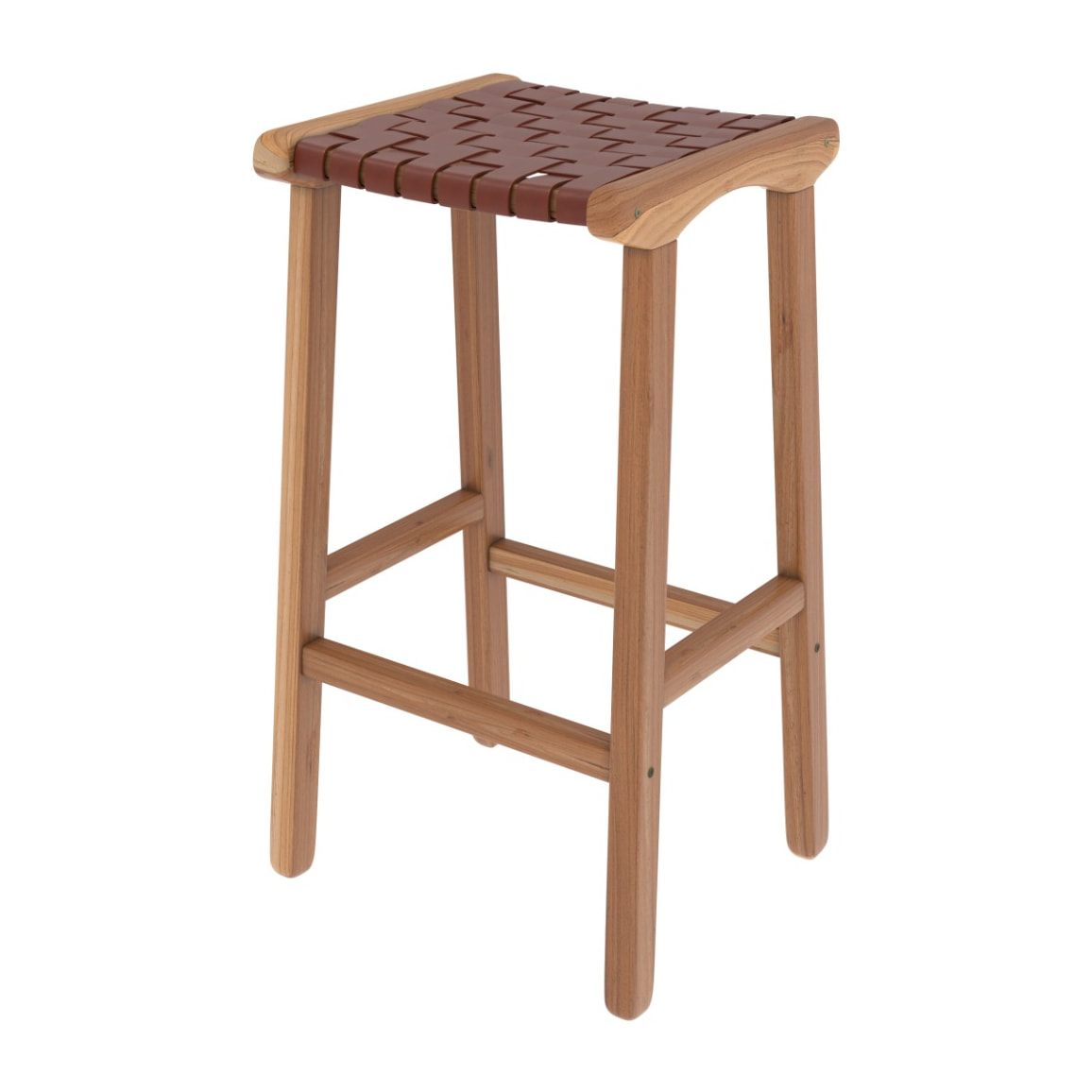 Tabouret pour îlot central 68 cm en teck et cuir tressé marron - Kuna