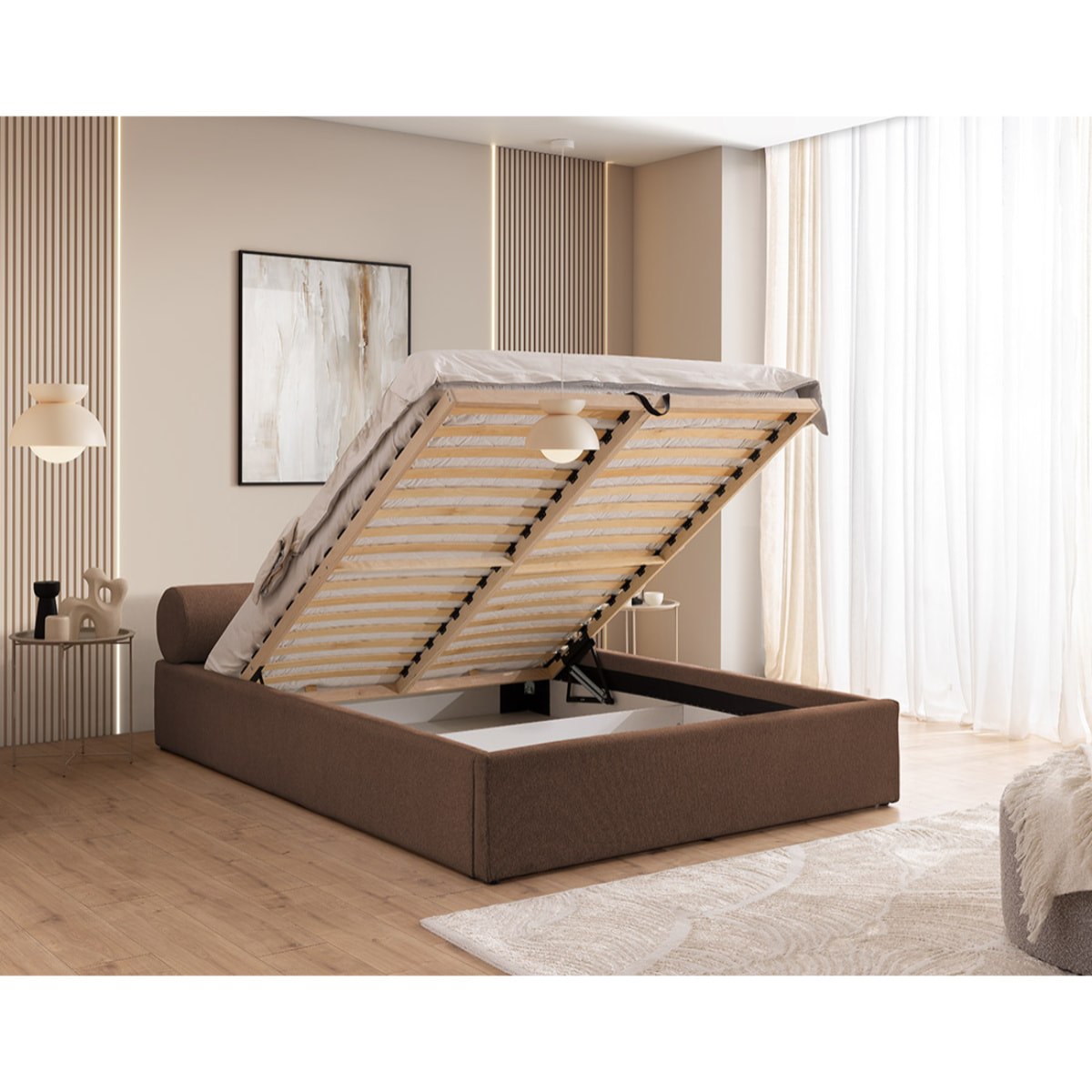 Billy - lit coffre - 140x190 cm - en tissu texturé - sommier inclus - Marron