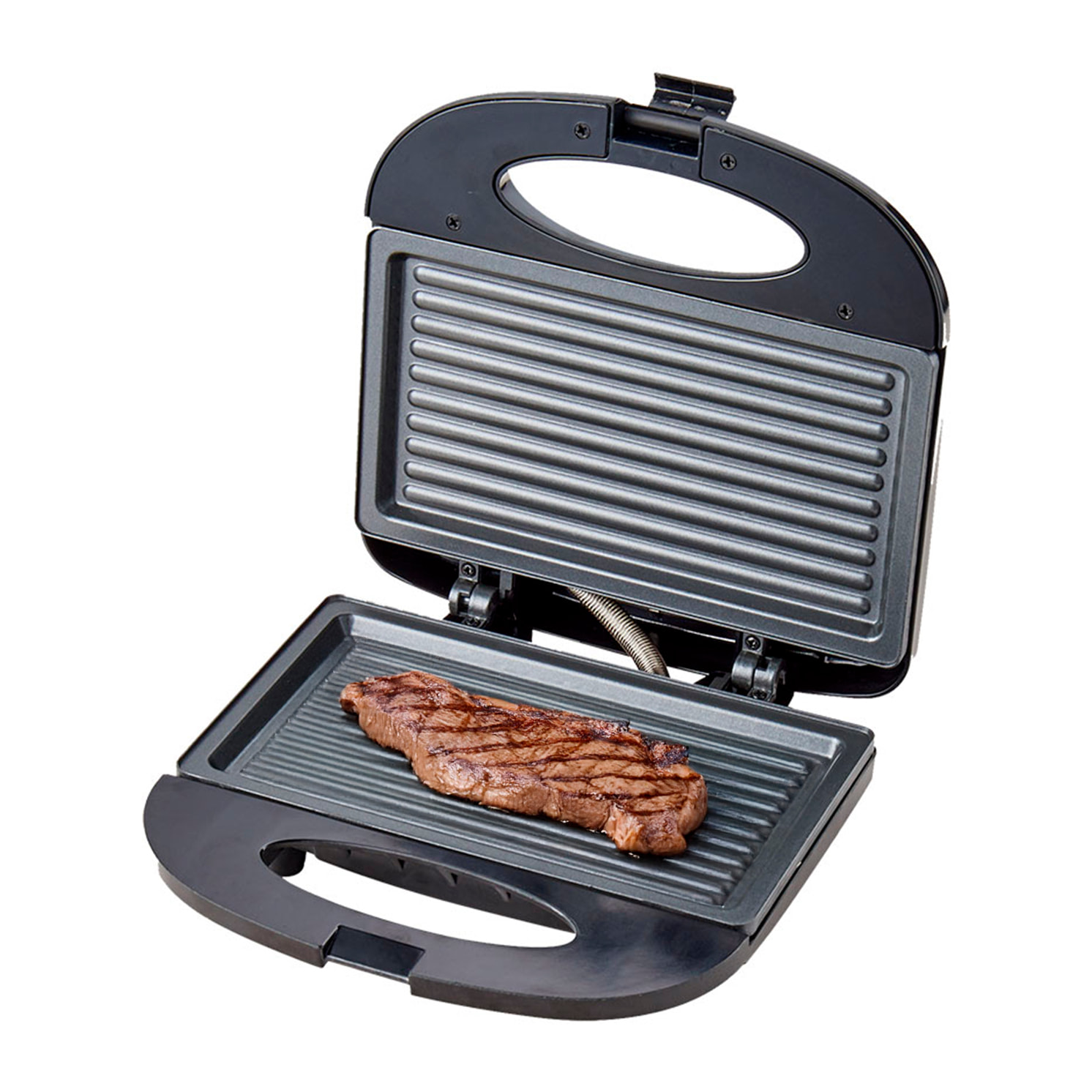 Grill elettrico portatile da 750W. Area di cottura antiaderente con chiusura a clip e luci LED.