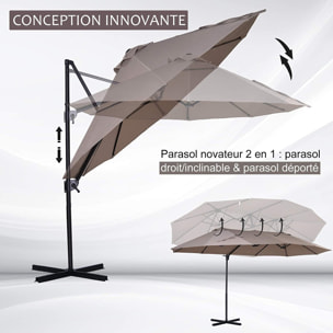 Parasol déporté grande taille XXL inclinable dim. 4,4L x 2,7l x 2,5H m piètement en acier inclus polyester marron