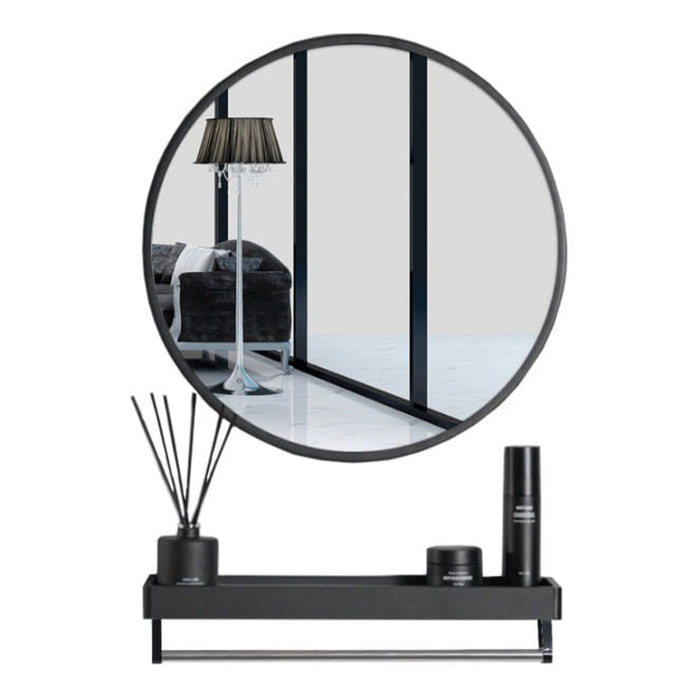 Specchio circolare con mensola e portasciugamani nero 70 cm