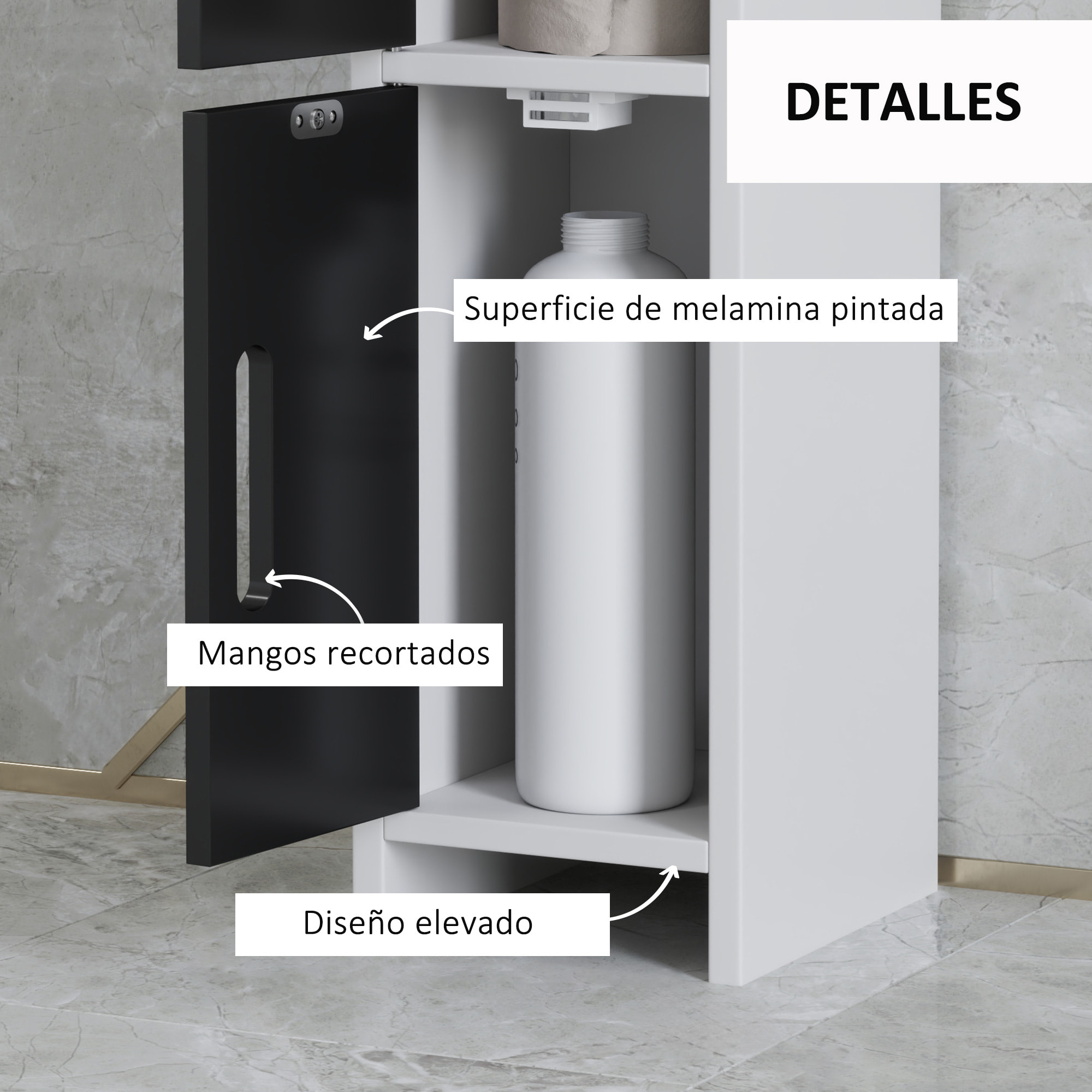 Columna de Baño Mueble de Baño con 3 Puertas 3 Estantes Abiertos y Sistema Antivuelco Armario de Baño Estilo Moderno 15x17x120 cm Blanco y Negro