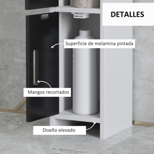Columna de Baño Mueble de Baño con 3 Puertas 3 Estantes Abiertos y Sistema Antivuelco Armario de Baño Estilo Moderno 15x17x120 cm Blanco y Negro
