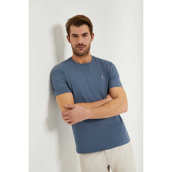 Maglietta basic blu denim in cotone con logo Rigby Go