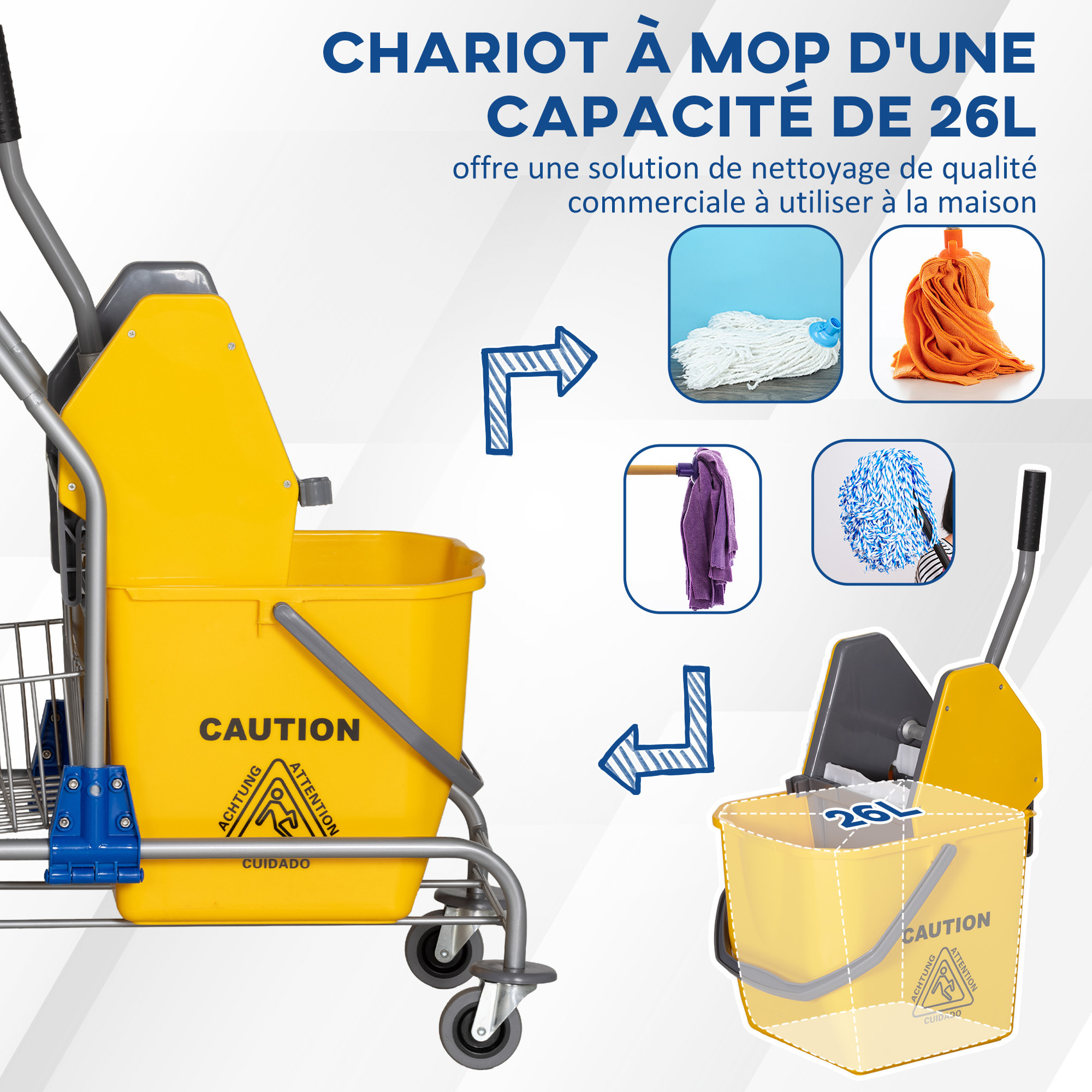Chariot de lavage chariot de nettoyage professionnel en acier presse à mâchoire seau + rangements jaune