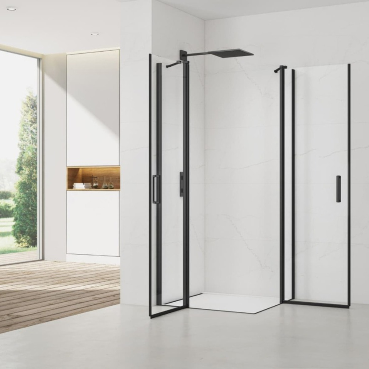 Fusion Portes de douche acces en angle pivotantes 100x100cm anticalcaire avec profilés noir mat (SATFUDP100100C-SET)