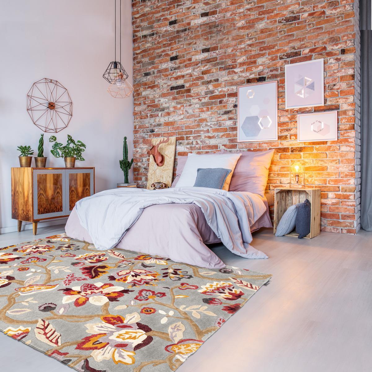 Tapis salon et chambre fait à la main en laine motif floral PIAL