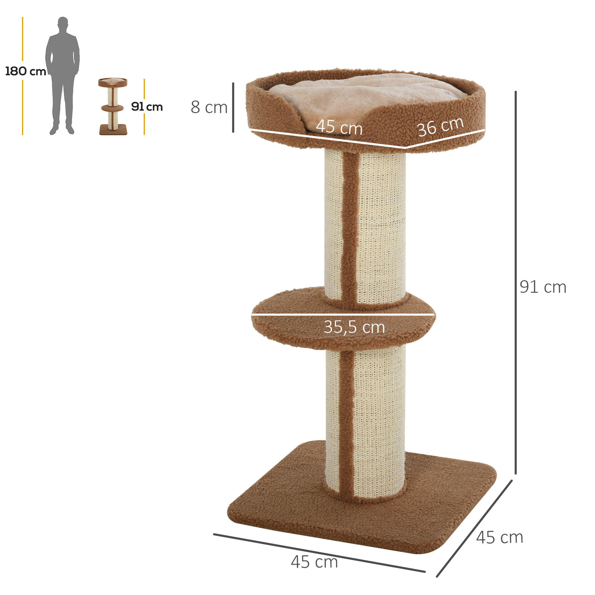 Árbol Rascador para Gatos Altura 91 cm Árbol para Gatos Torre para Gatos de 3 Niveles con Nido Plataforma y Poste de Sisal 45x45x91 cm Marrón