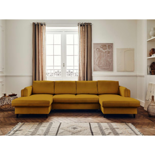 Brooke - canapé panoramique en U - 7 places - convertible avec coffre - en velours - Jaune