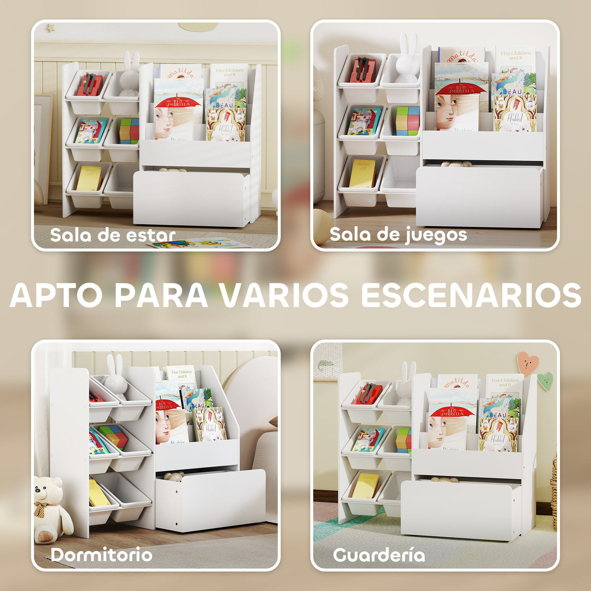 Estantería Infantil para Juguetes, con 6 Cajas Extraíbles, 3 Estantes Abiertos y Cajón Inferior con Ruedas, Organizador de Juguetes para Dormitorio, Sala de Juegos, Guardería, Blanco