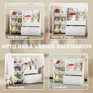 Estantería Infantil para Juguetes, con 6 Cajas Extraíbles, 3 Estantes Abiertos y Cajón Inferior con Ruedas, Organizador de Juguetes para Dormitorio, Sala de Juegos, Guardería, Blanco