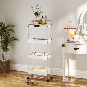 Carrito Auxiliar con Ruedas de 4 Niveles Carro de Cocina con 1 Cajón y 3 Cestas Carrito Organizador para Dormitorio Salón Oficina Blanco
