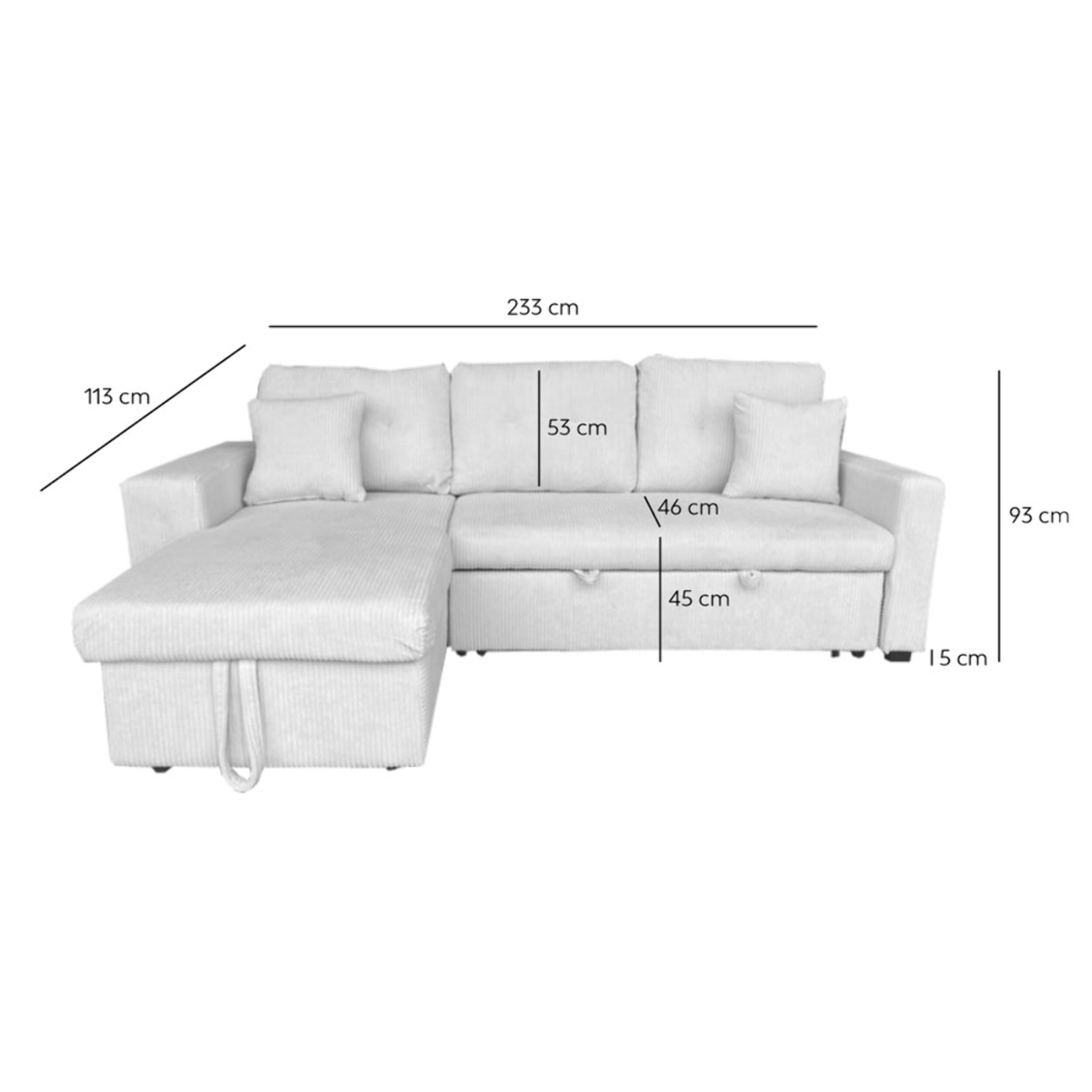 SAN DIEGO Canapé d'angle convertible 4 places avec coffre en velours côtelé beige