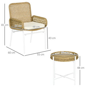 Conjunto de Mesa y Sillas de Jardín Exterior Juego de 3 Piezas Sillas y Mesa de Ratán con 2 Sillas 1 Mesa de Centro y Cojines para Terraza Patio Natural