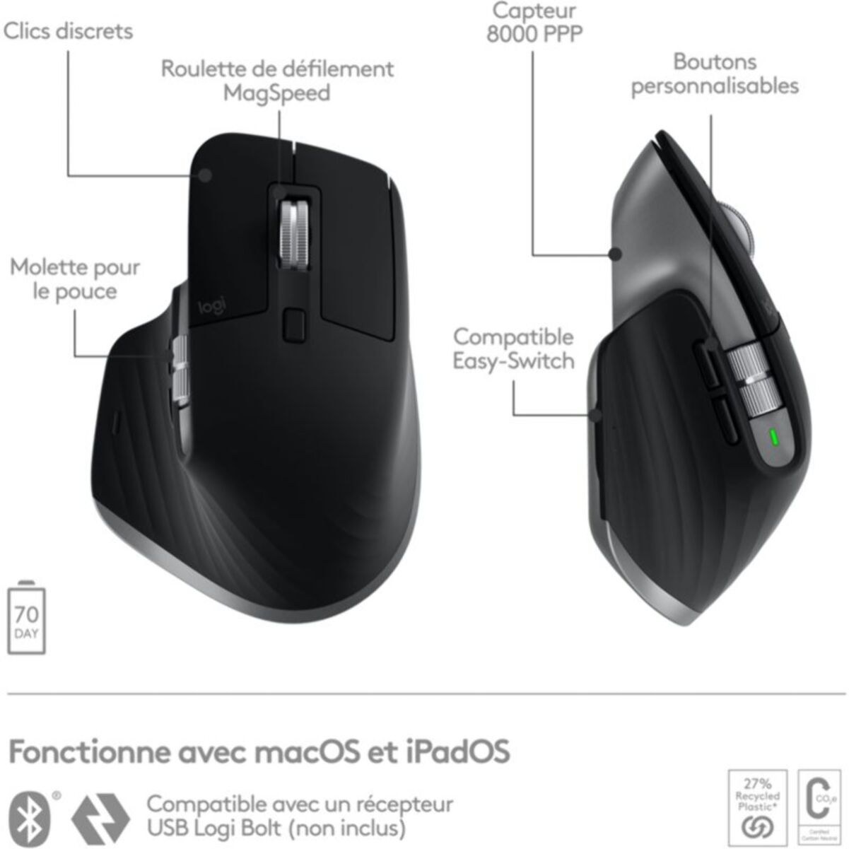 Souris sans fil rechargeable LOGITECH Mx Master 3s pour Mac Gris Sidéral