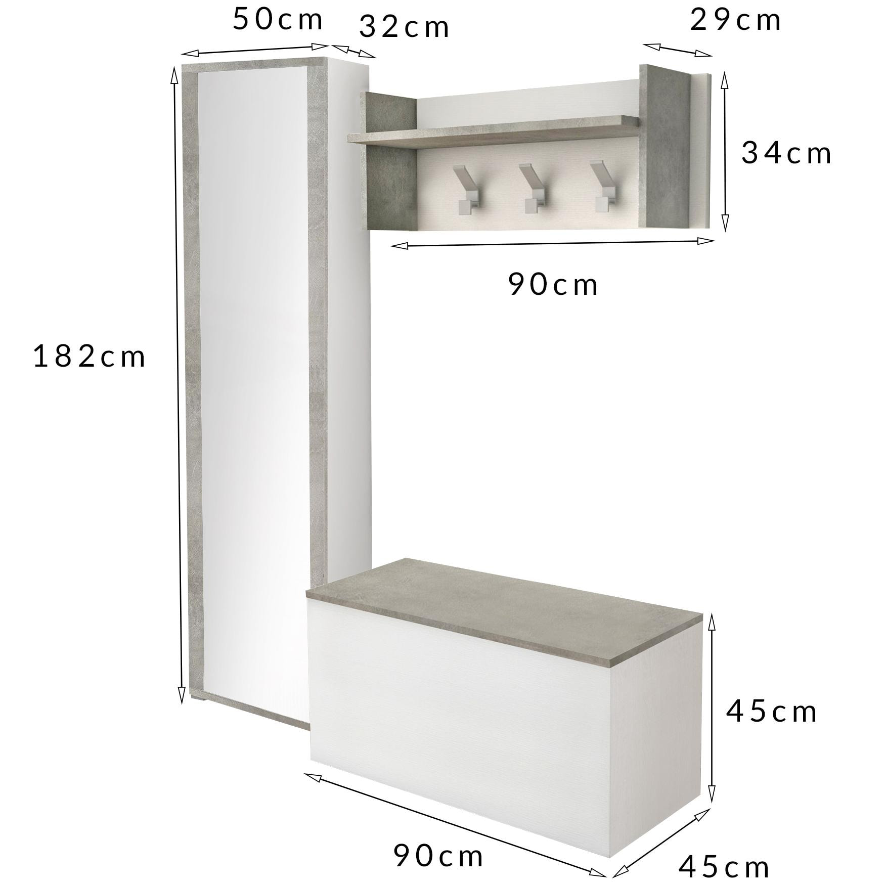 Mobile da ingresso Djohnse, Entratina moderna con appendiabiti, Mobile con scarpiera, Armadietto con specchio, Cm 50x32h182, Bianco e Cemento