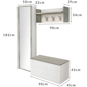 Mobile da ingresso Djohnse, Entratina moderna con appendiabiti, Mobile con scarpiera, Armadietto con specchio, Cm 50x32h182, Bianco e Cemento