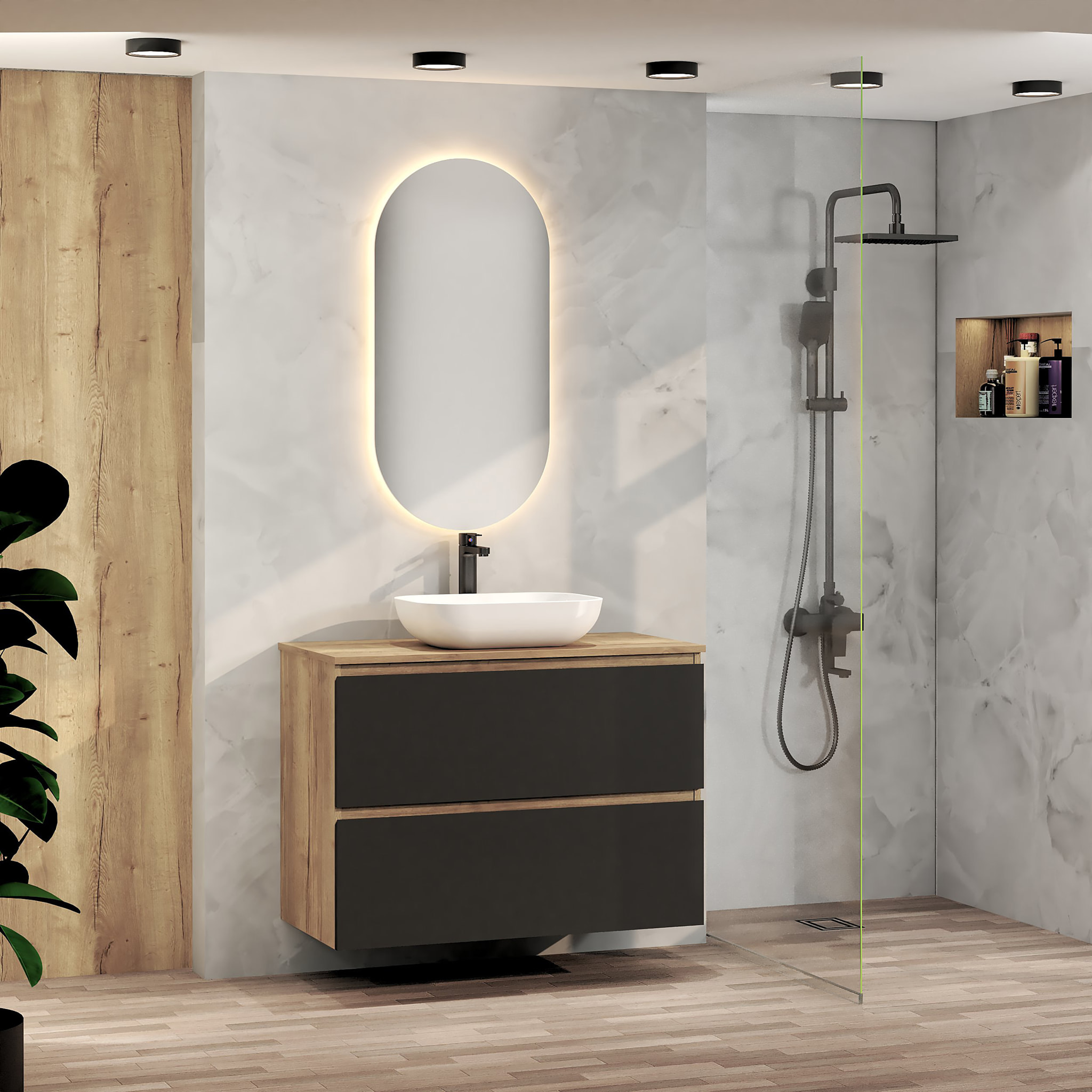 CONJUNTO DE BAÑO NIA | MUEBLE SUSPENDIDO | 90 CM NEGRO | DOS CAJONES | LAVABO SOBREPUESTO | NO INCLUYE ESPEJO | MUEBLE MONTADO| ALDAY