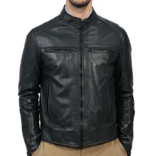 Giubbino in pelle di vitello nappa Blu -Slim Fit