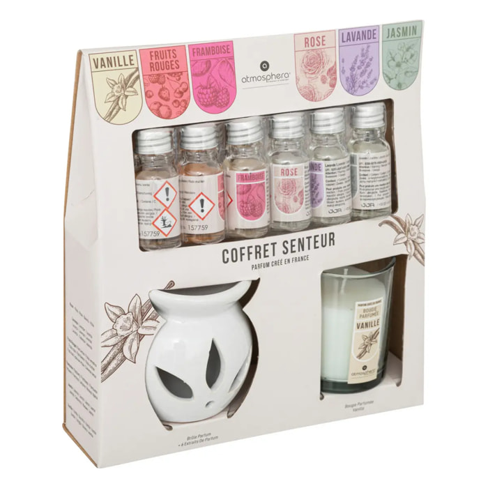Coffret senteur - brûle - parfum - 6 huiles - bougie fruits rouges
