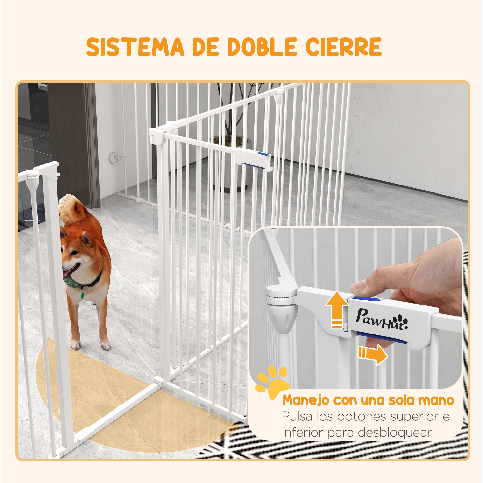 Parque para Perros de 8 Paneles 64x90 cm Corralito para Mascotas Plegable de Acero con Doble Cerradura Función de Bloqueo Auxiliar y Forma de Bricolaje para Pasillos Escaleras Blanco