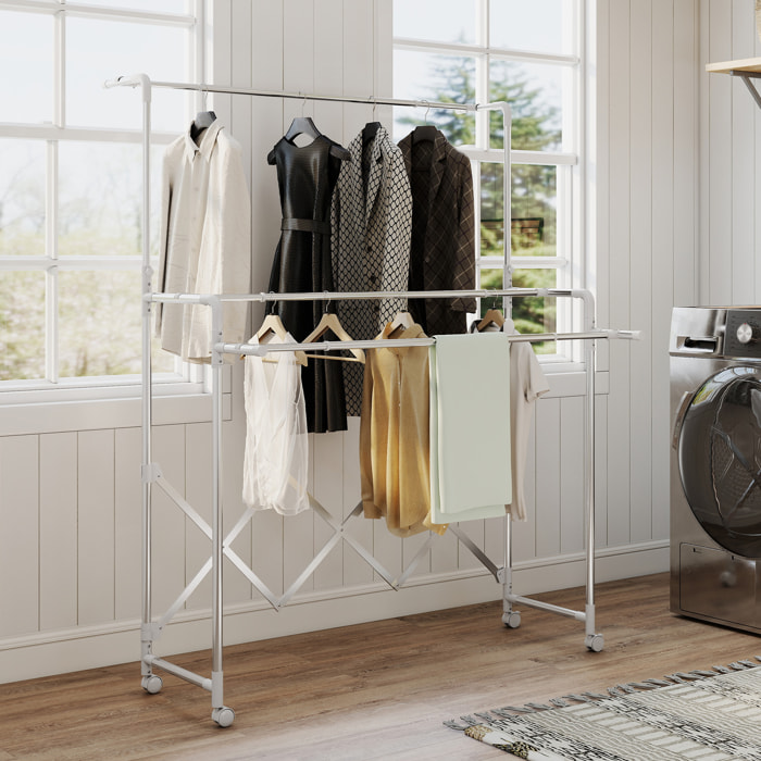 Séchoir à linge pliable réglable étendoir 3 barres 4 roulettes dim. L.104-150 x P.103 x H.145-197 cm acier inox