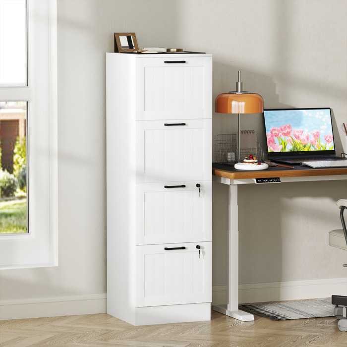 Cajonera Escritorio con 4 Cajones, Cajonera de Oficina, Mueble Archivador, con 2 Cerraduras, Riel Colgante para A4 y Carta, 40x40x131 cm, Blanco