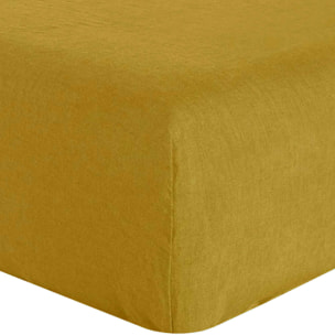 Drap housse - bonnet:30cm 100% lin lavé jaune or