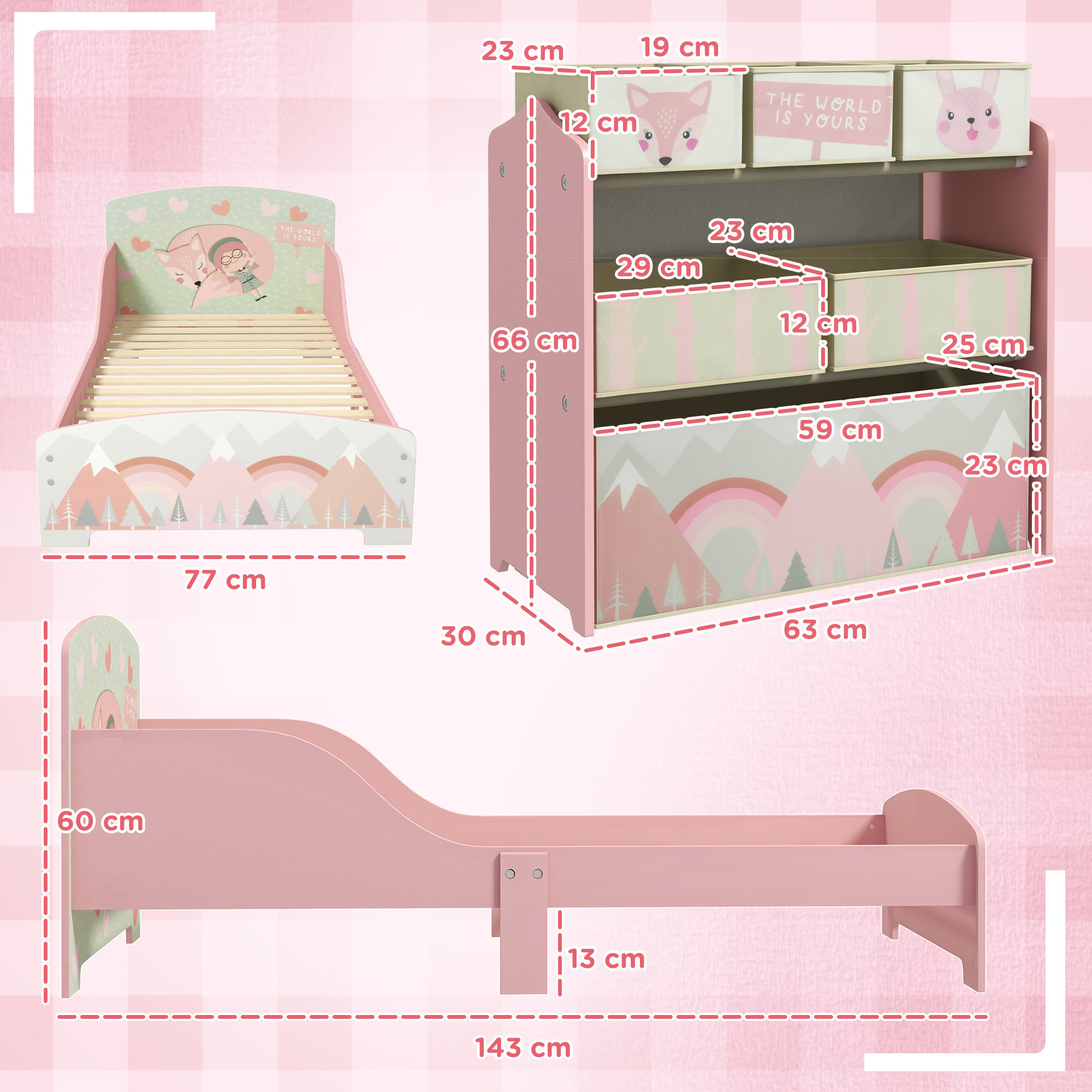 Conjunto para Niños Incluye 1 Cama Infantil de Madera con Barreras de Protección y 1 Estantería para Juguetes con 6 Cajas de Tela no Tejida Extraíbles Rosa