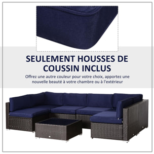 Lot de 14 housses de rechange coussins salon de jardin - 6 housses coussin d'assise, 8 housses coussin dossier - housses zippées polyester déperlant bleu