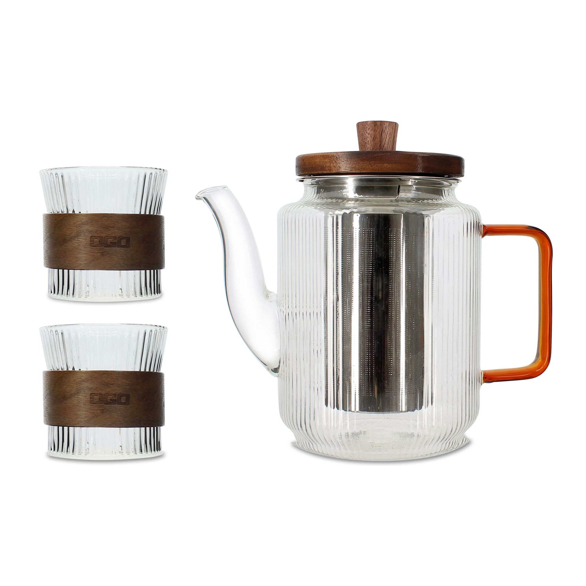 Théière en verre et anse ambre 550ml avec tasses assorties 15cl  KARL