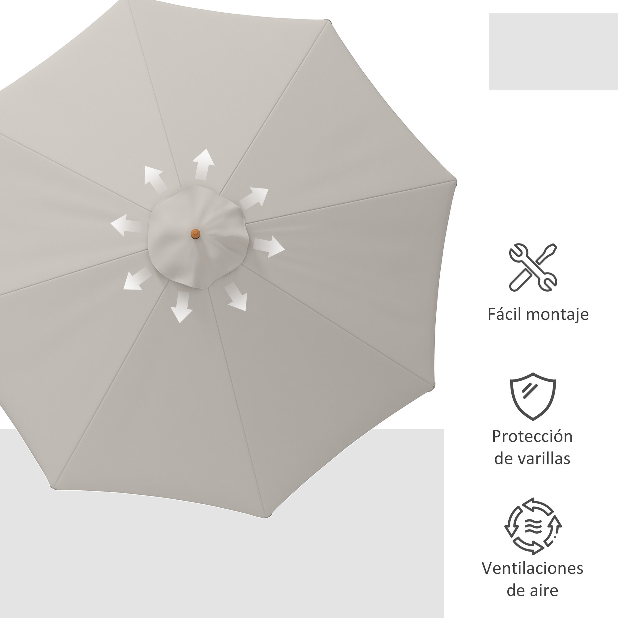 Sombrilla Terraza Exterior Ø325 cm Sombrilla de Jardín con Sistema de Polea Techo Ventilado 8 Varillas de Bambú y Poste de Madera Parasol para Patio Terraza Gris
