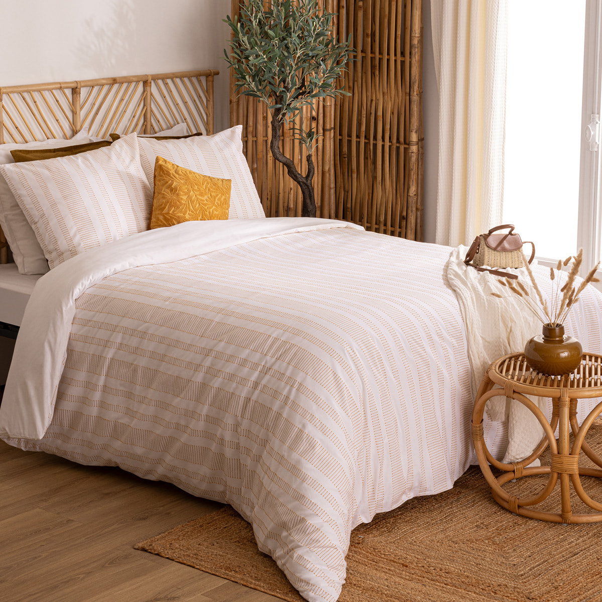 Parure de lit Isao coton blanc jaune 260x240cm