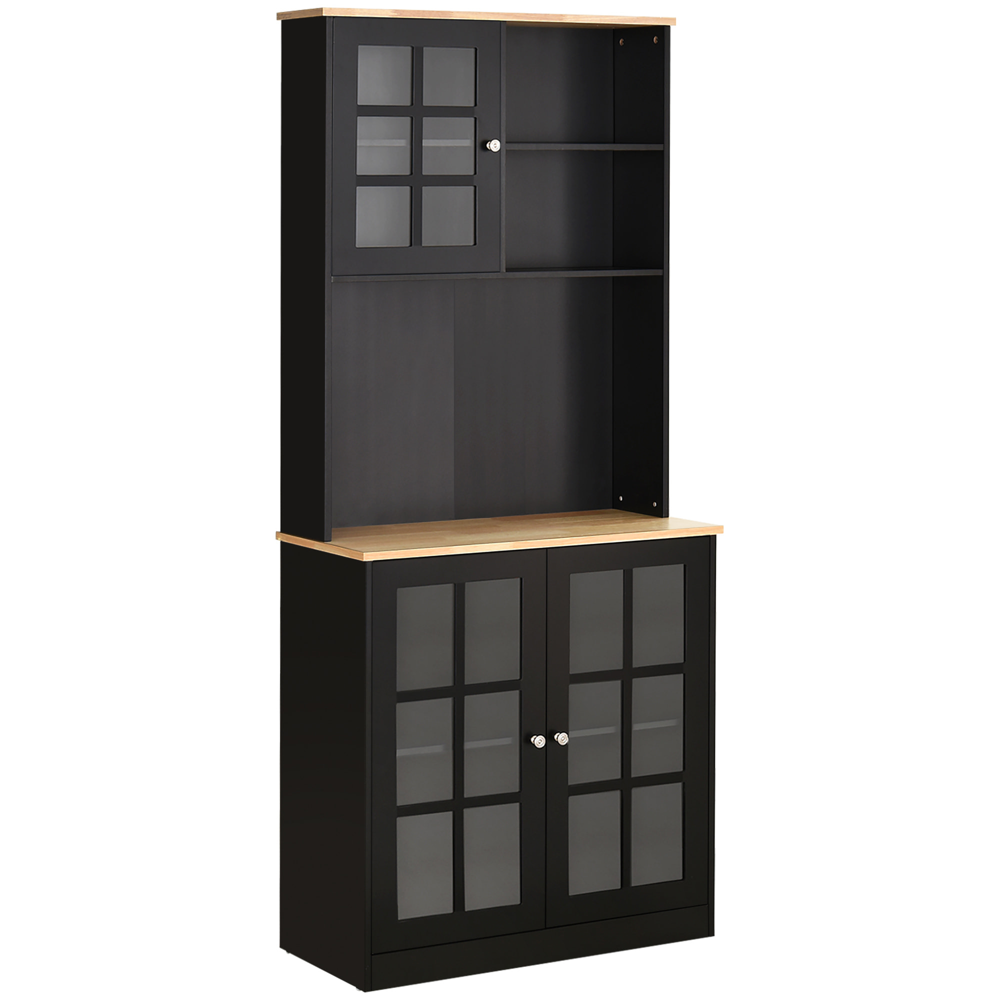 Armoire de cuisine multi-rangements 3 portes vitrine verre avec étagère 2 niches grand plateau MDF noir chêne