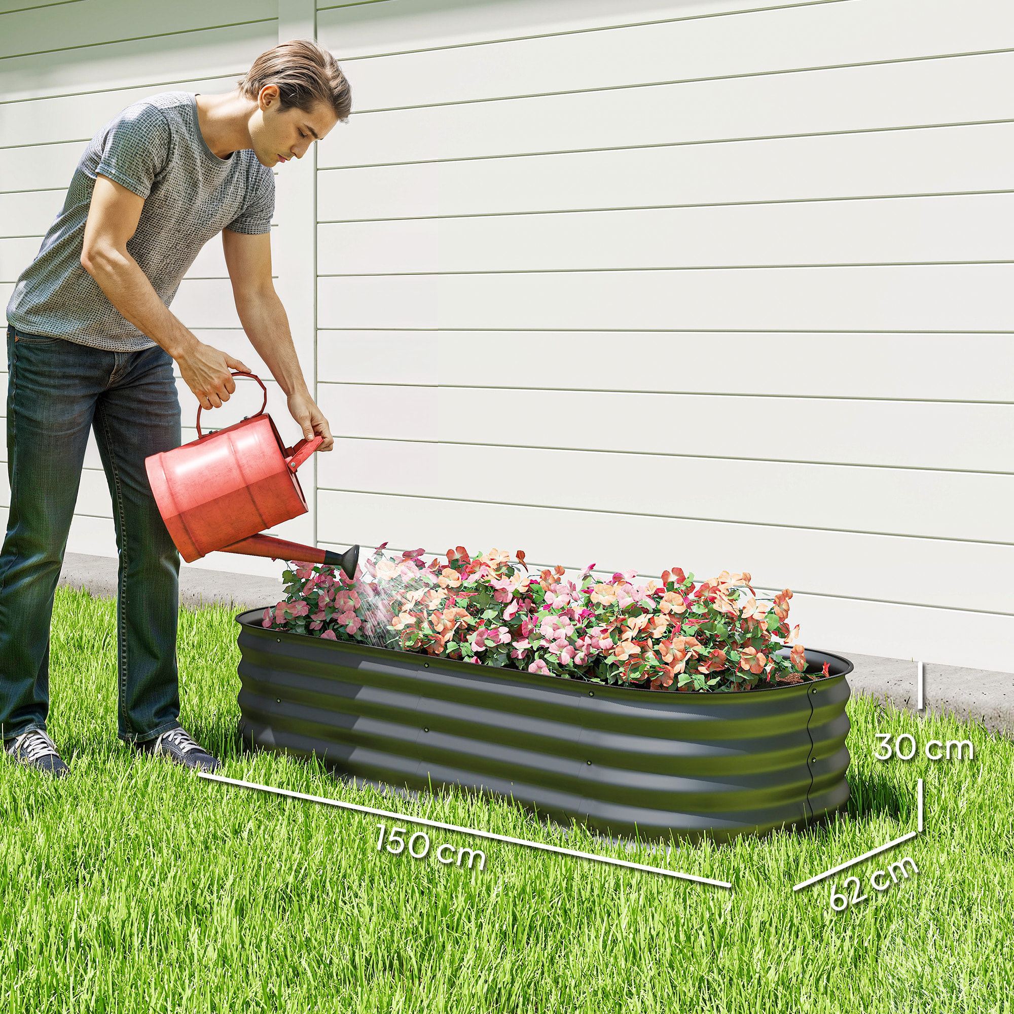 Jardinera Exterior Grande de Acero Galvanizado, Huerto Urbano para Cultivar Plantas, Macetero Exterior con Bordes de Seguridad, Fácil Montaje, Resistente a la Intemperie, 150x62x30 cm, Gris