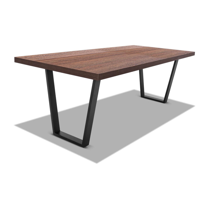 Tavolo da pranzo 220x100cm in legno e metallo con piedi trapezoidali e ripiano in colore legno teak