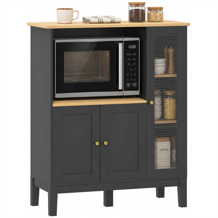 Meuble micro-ondes 3 portes niche verre trempé noir effet bois