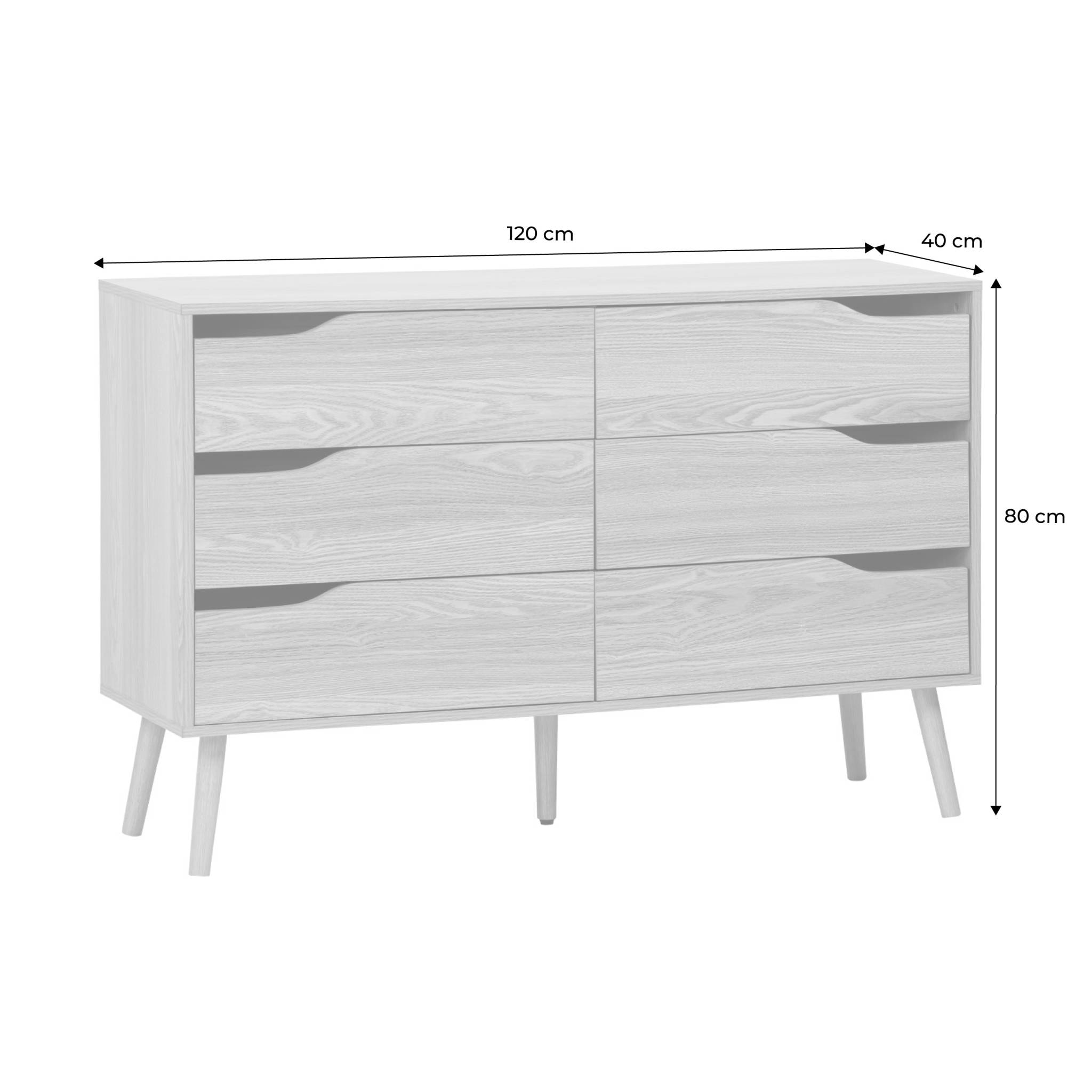 Commode effet frêne. 6 tiroirs. pieds en pin massif