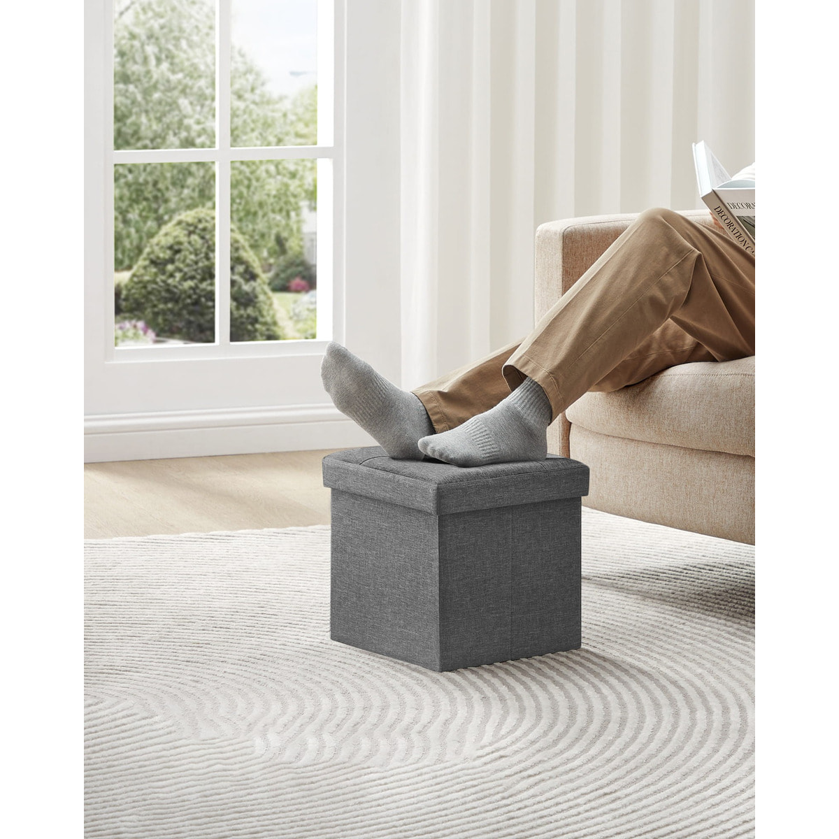 Pouf contenitore pieghevole grigio scuro effetto lino