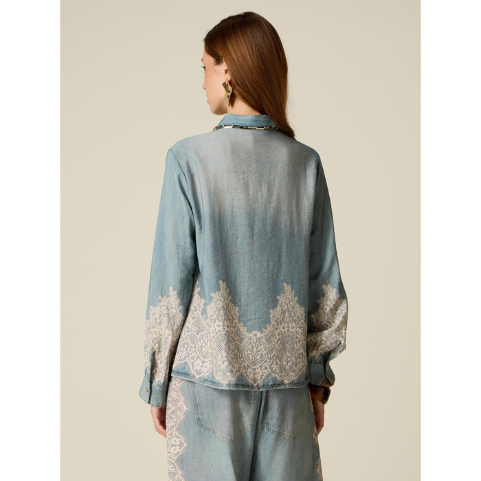 Oltre - Camicia effetto denim con pizzo - Azzurro
