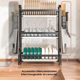 Repisa de cocina metálica para cubiertos. Escurridor de platos. Estante organizador para secar y guardar utensilios de cocina. 3 niveles con bandeja escurridora y accesorios.
