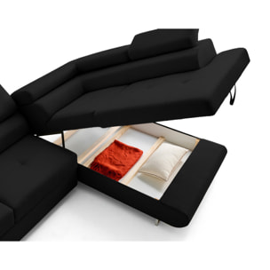 Zaria - canapé d'angle droit 5 places convertible avec coffre et têtières en simili - Noir