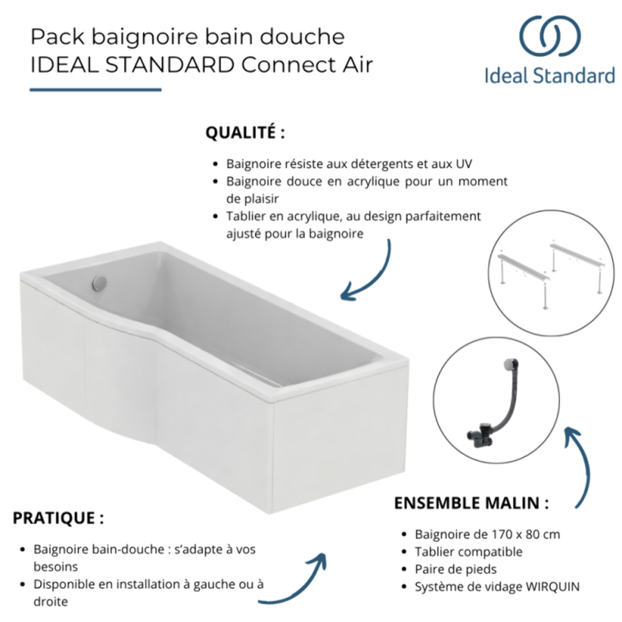 Baignoire bain douche 170 x 80 cm droite Connect Air + tablier + pieds + vidage Chromé