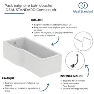 Baignoire bain douche 170 x 80 cm droite Connect Air + tablier + pieds + vidage Chromé